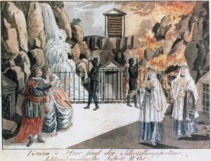 JPH73643 Tamino and Pamina before the temple, scene from 'The Magic Flute' by Wolfgang Amadeus Mozart (1756-91), illustration from 'Allgemeines Europaisches Journal', published 1795 (coloured engraving); by Schaffer, Joseph & Peter (fl. 1780-1810); Wien Museum Karlsplatz, Vienna, Austria; German, out of copyright